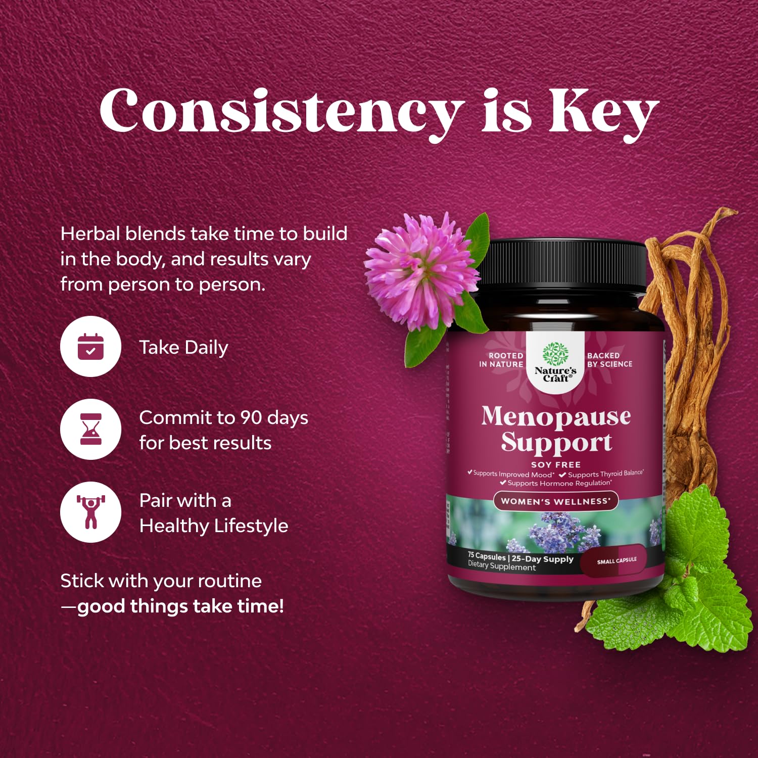 Close-up of Natures Craft Complete Menopause capsules showing smooth texture