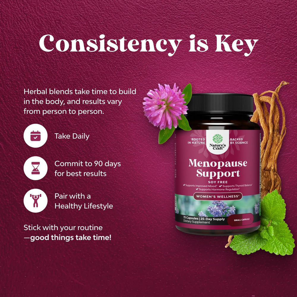 Close-up of Natures Craft Complete Menopause capsules showing smooth texture