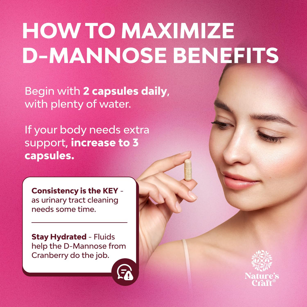 Natures Craft D Mannose 1000mg capsules shown for daily urinary health routine.