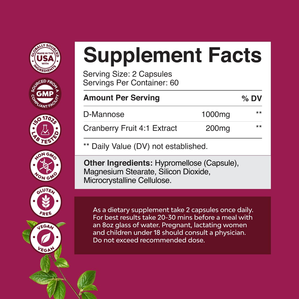 Natures Craft D Mannose with Cranberry capsules closeup highlighting 1000mg dose.