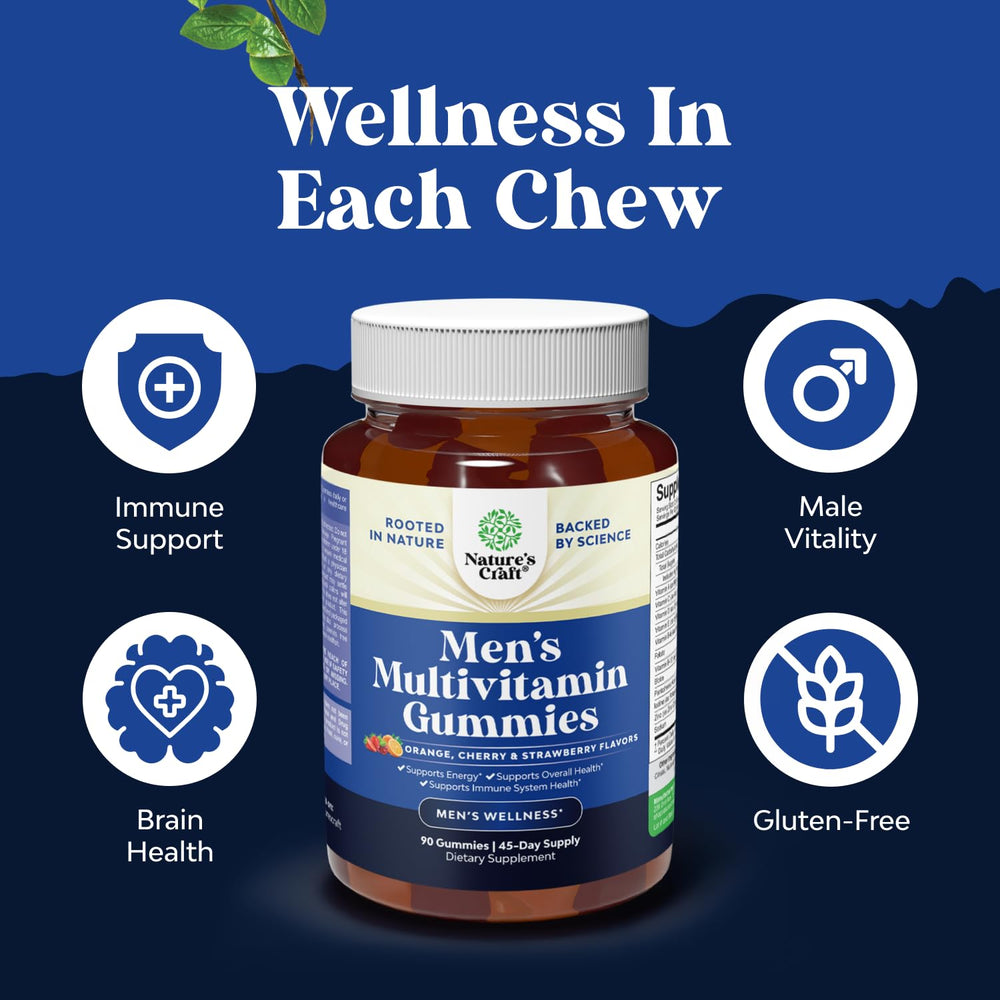 Natures Craft Daily Men's Multivitamin Gummies closeup label – third-party tested and non-GMO.