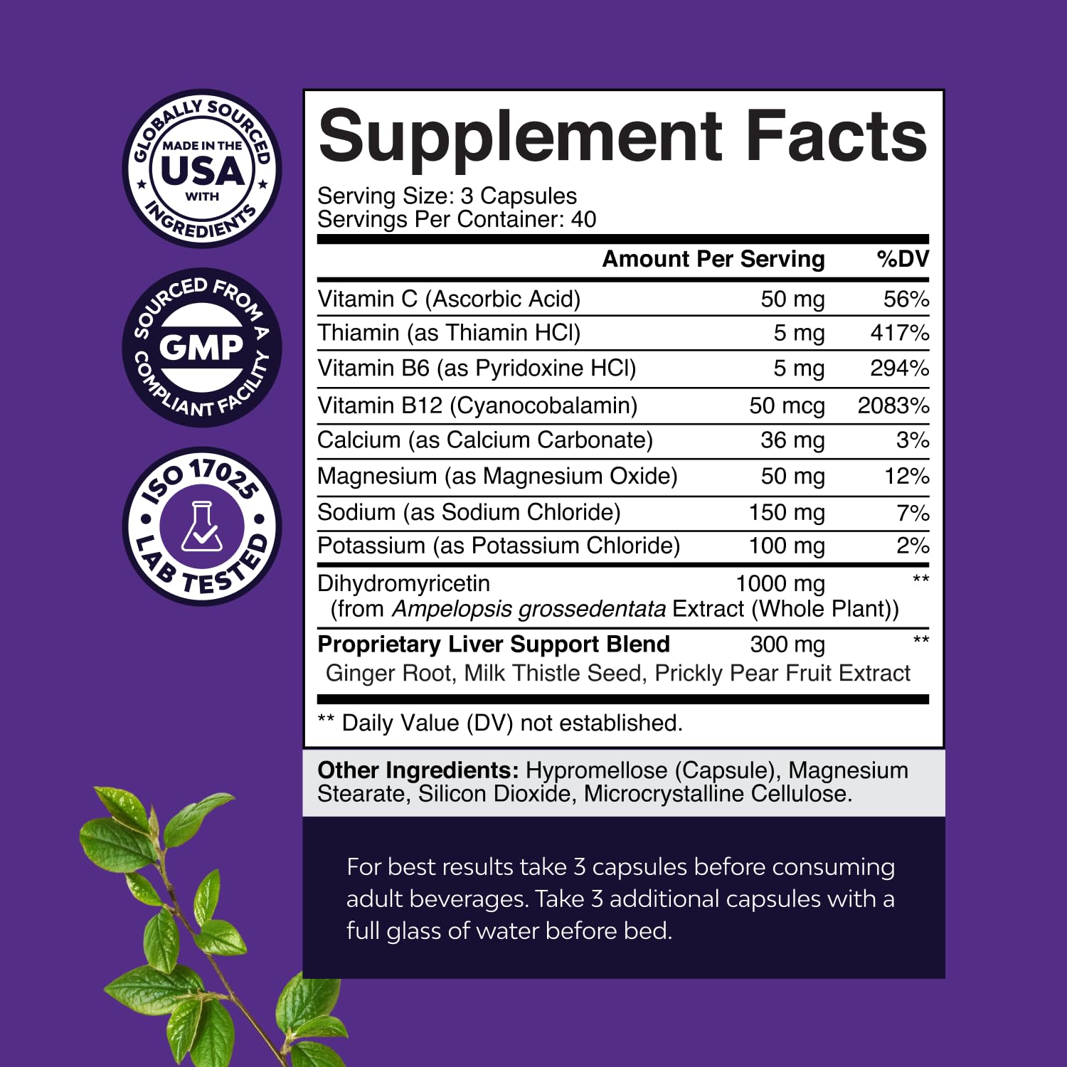 Natures Craft DHM prickly pear extract capsule highlights electrolytes for daytime hydration.