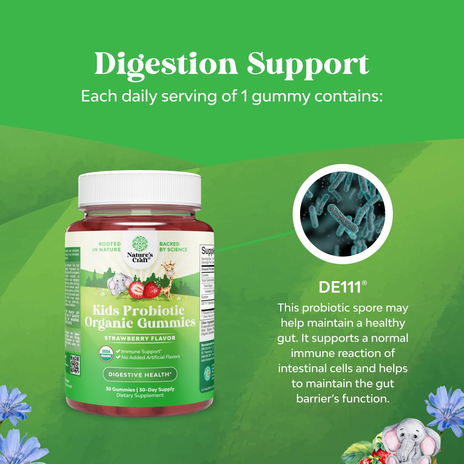 Natures Craft Digestive Health Kids Gummies easing mild tummy upset and regularity.