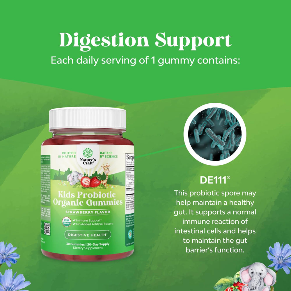 Natures Craft Digestive Health Kids Gummies easing mild tummy upset and regularity.