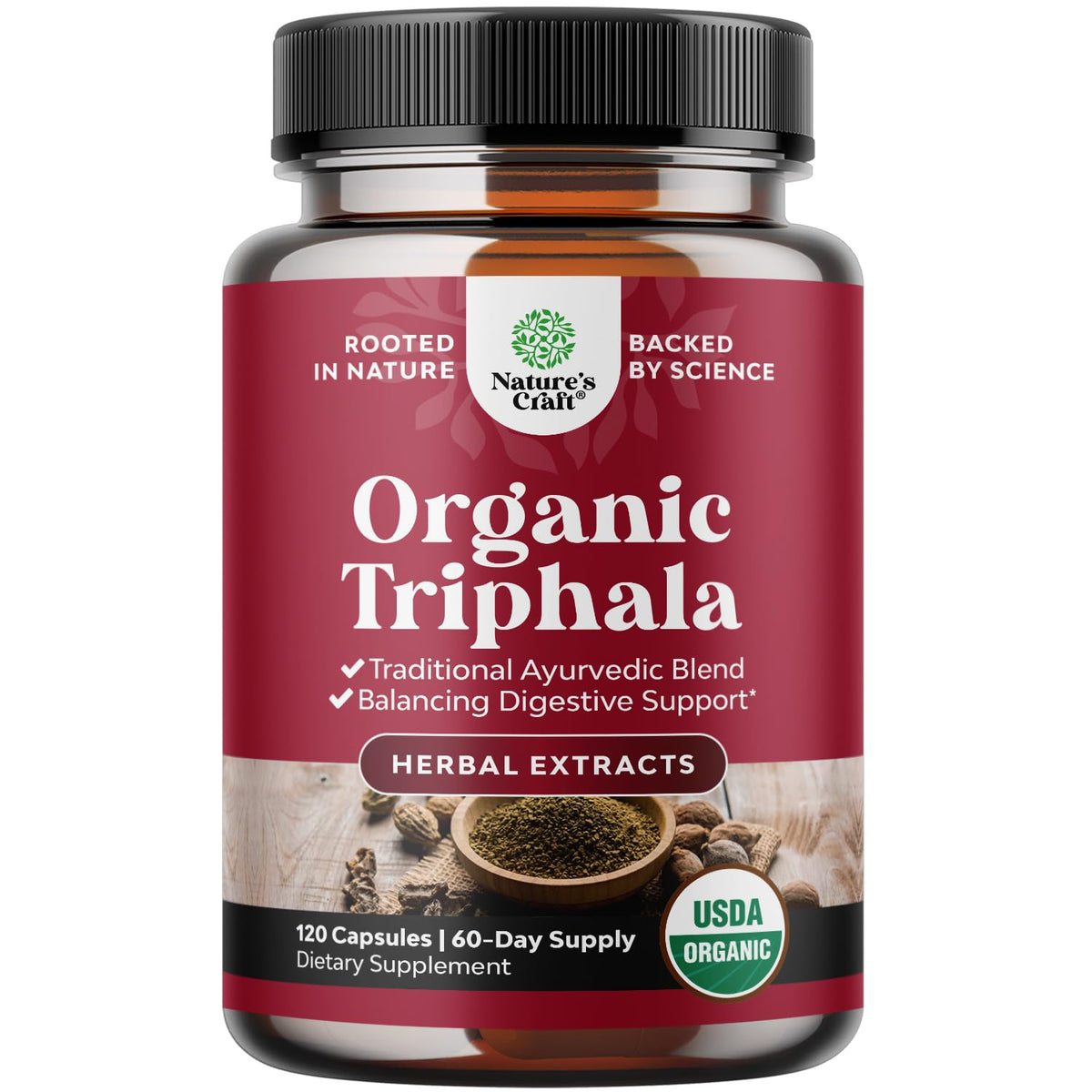 Natures Craft Digestive Triphala capsules in a jar for gentle digestive support