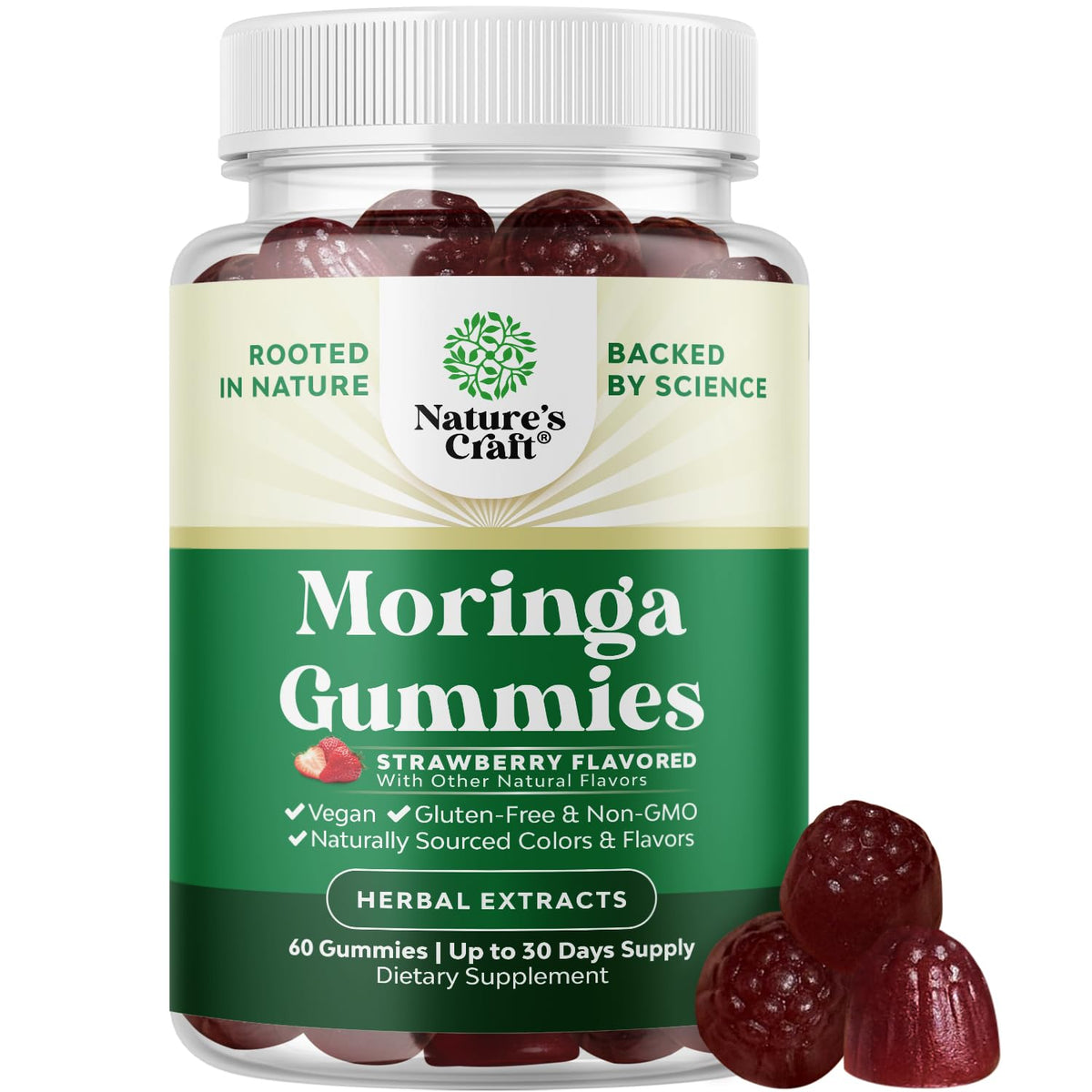 Natures Craft Extra Strength Moringa Gummies bottle for daily wellness.