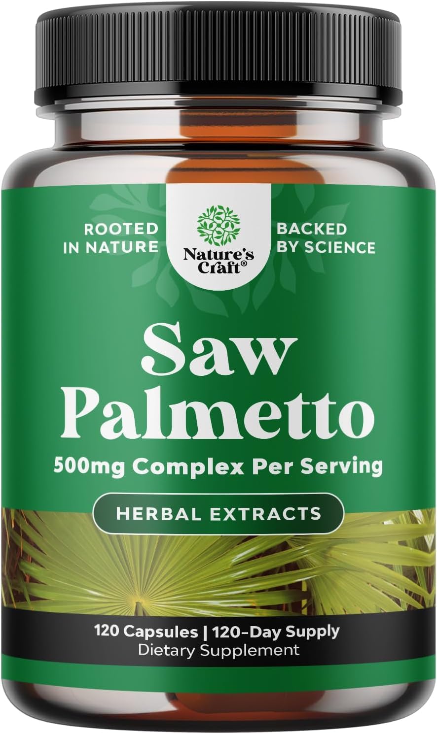 natures craft extra strength saw palmetto bottle for easy dosing.