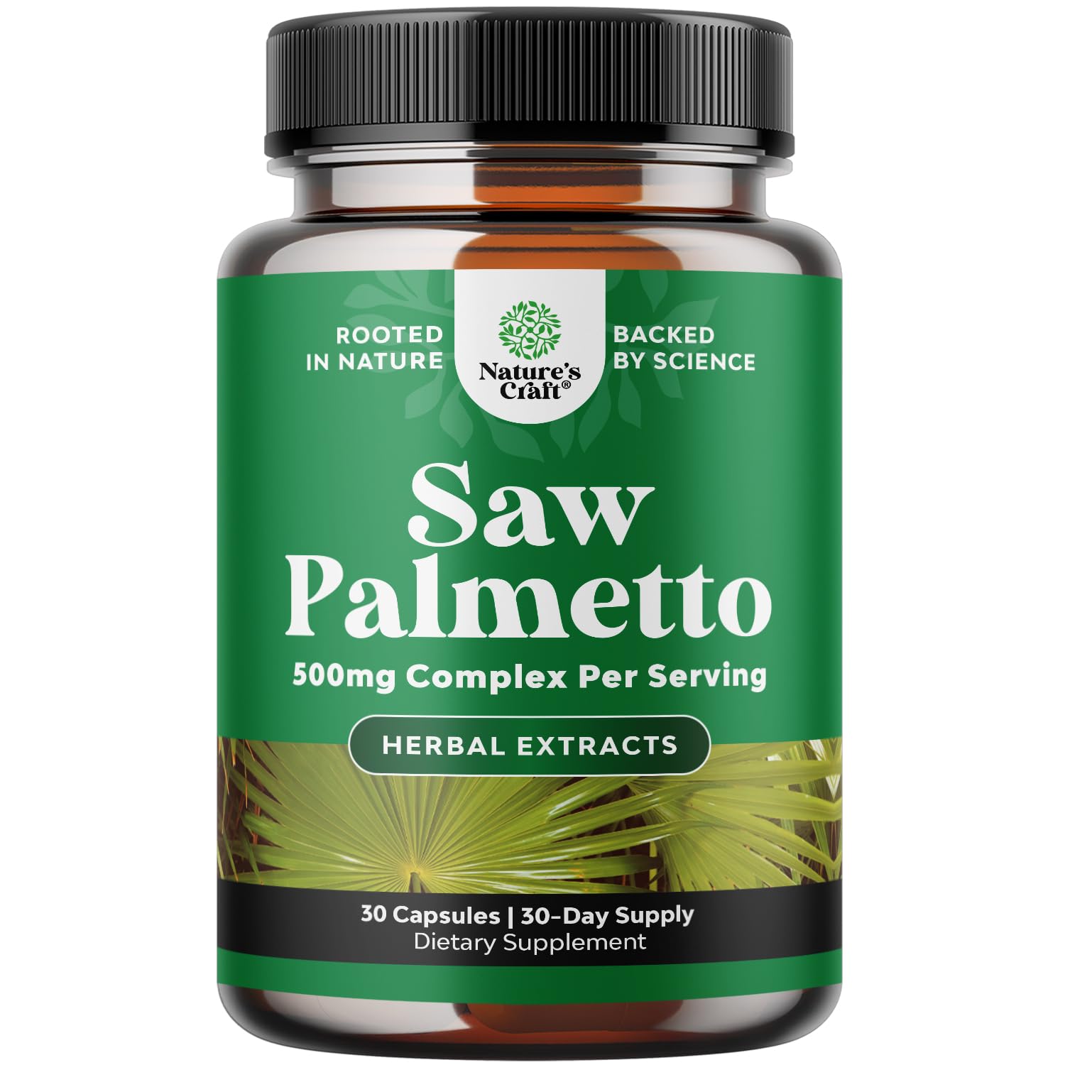 Nature's Craft extra-strength Saw Palmetto bottle highlights 500mg support for urinary health.