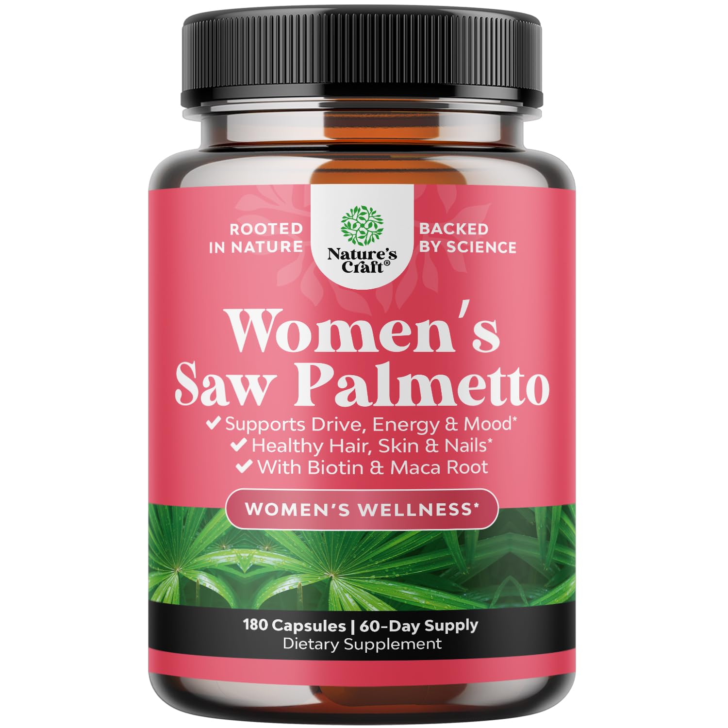 Natures Craft Extra Strength Saw Palmetto for Women bottle suggesting support for healthier looking hair.