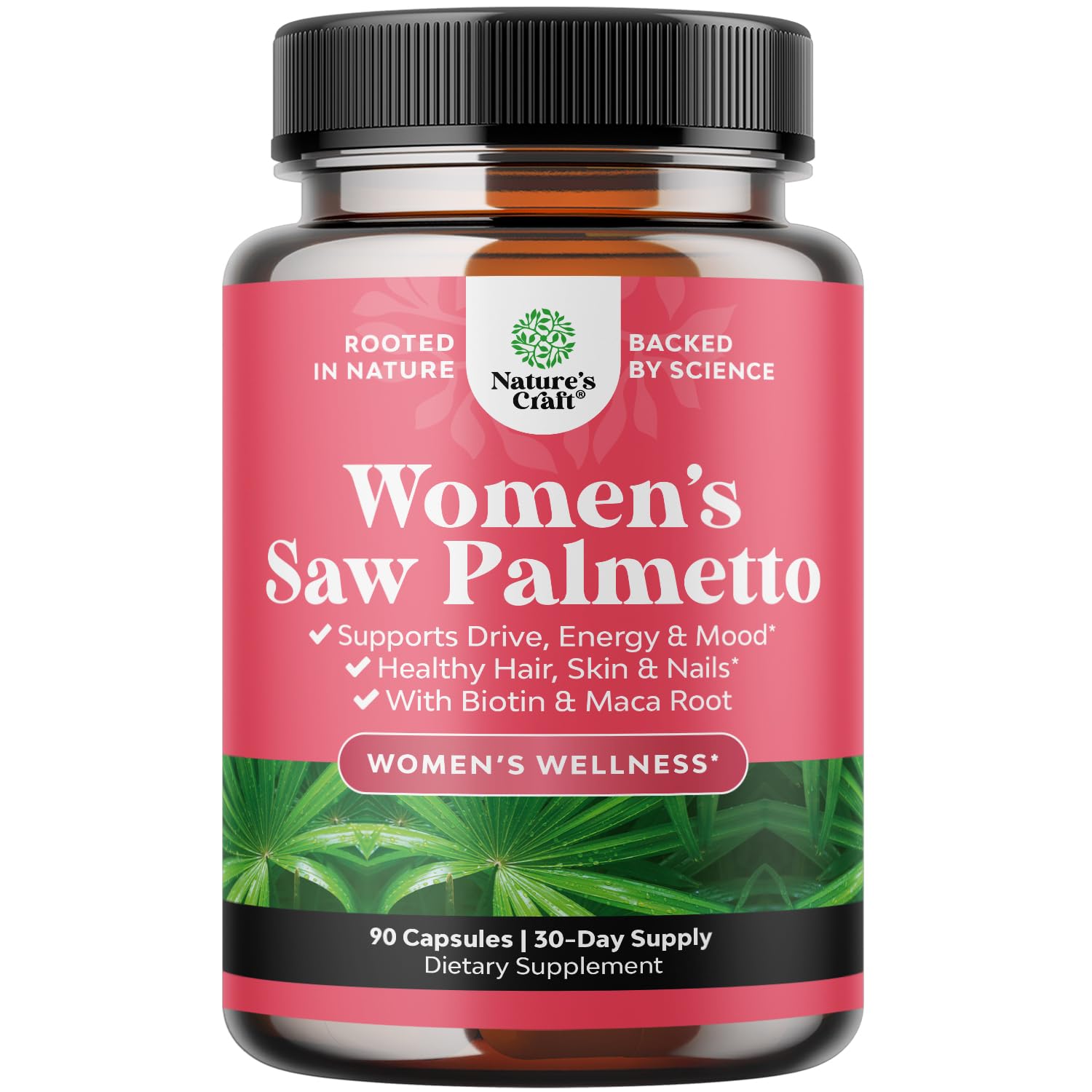 Nature's Craft extra-strength Saw Palmetto bottle highlights a potent daily hair care blend