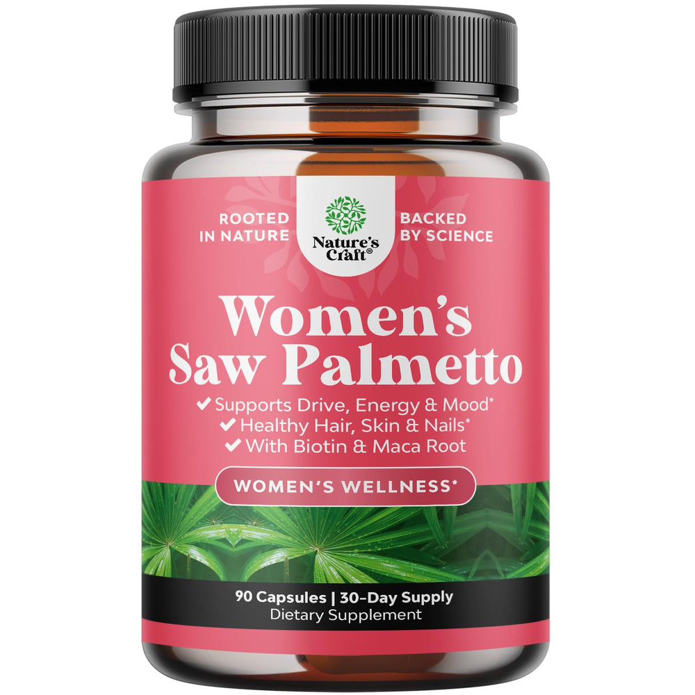 Nature's Craft extra-strength Saw Palmetto bottle highlights a potent daily hair care blend