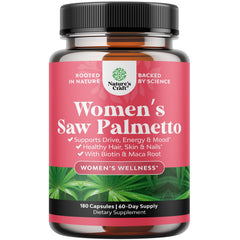 Natures Craft Extra Strength Saw Palmetto for Women bottle suggesting support for healthier looking hair.