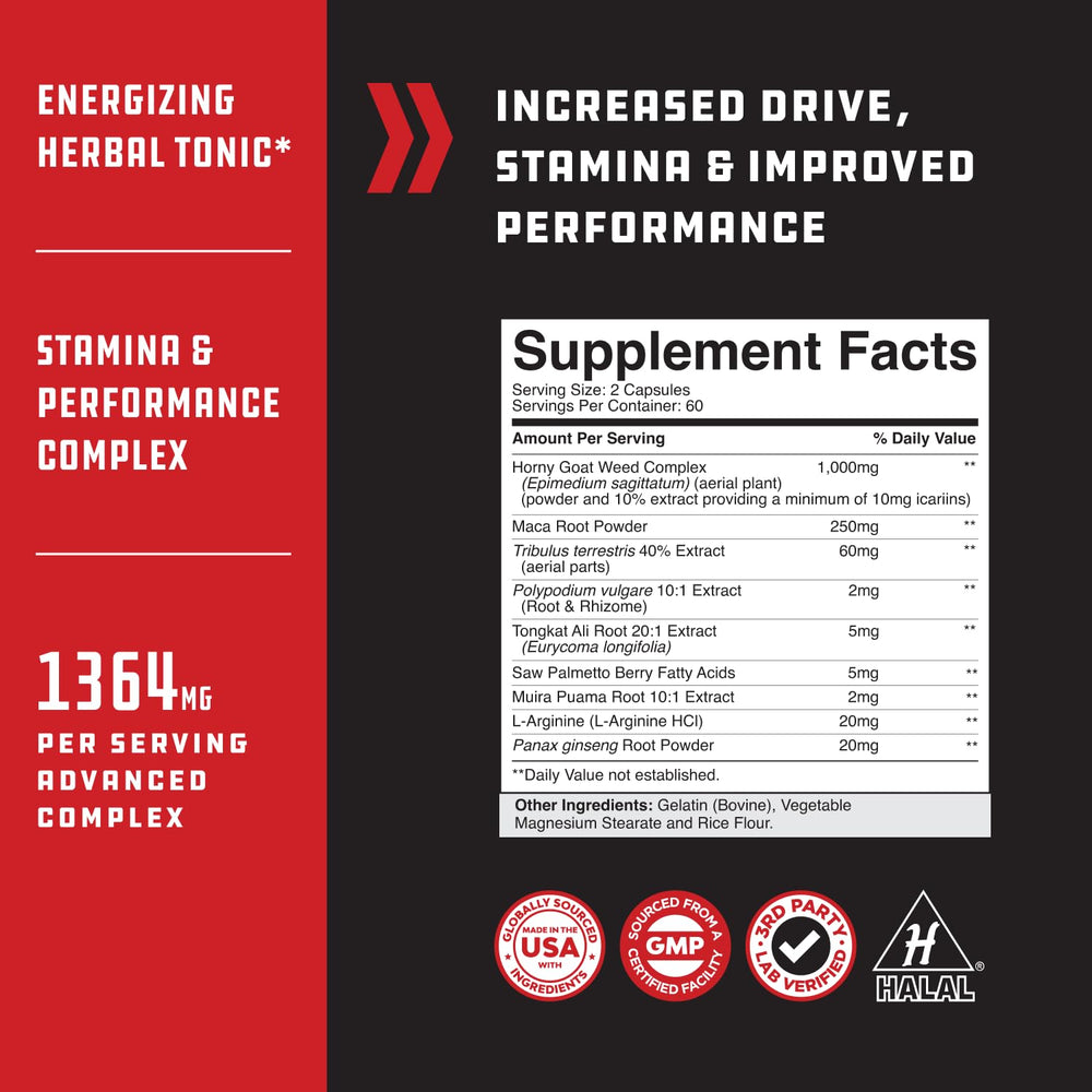 Nature's Craft testosterone booster label highlights herbal blend for stamina support.