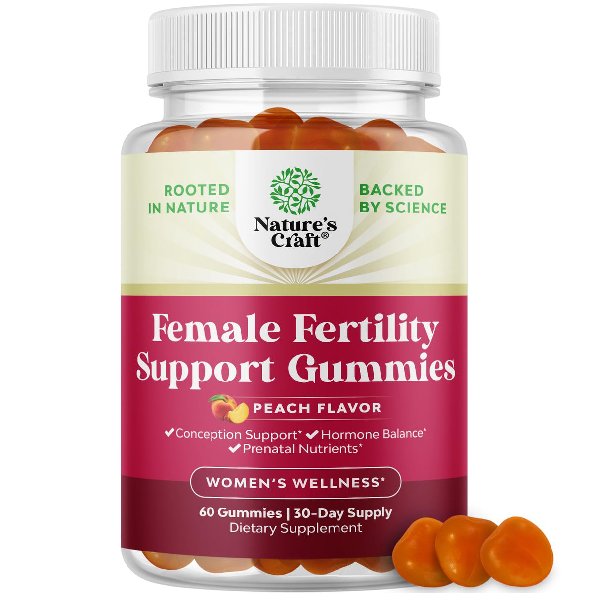 Natures Craft Fertility Gummies bottle with juicy peach flavor for daily preconception support.