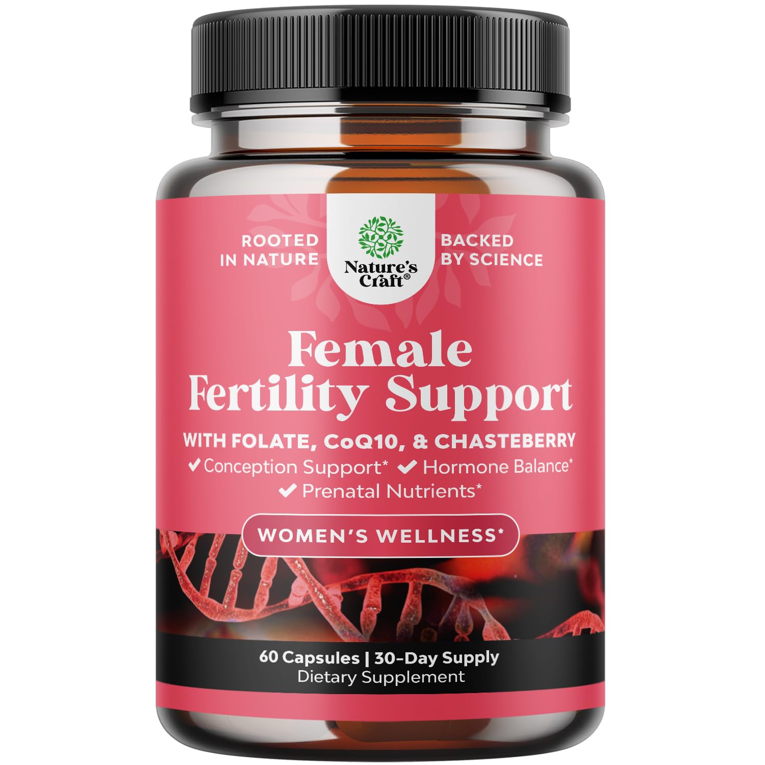 Natures Craft fertility pills bottle ready for daily preconception support.