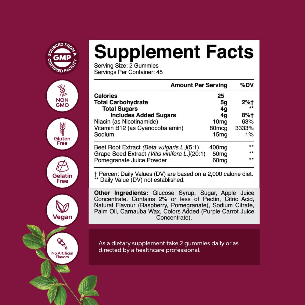 Natures Craft Flow Boost gummies closeup showing beetroot-based formula.