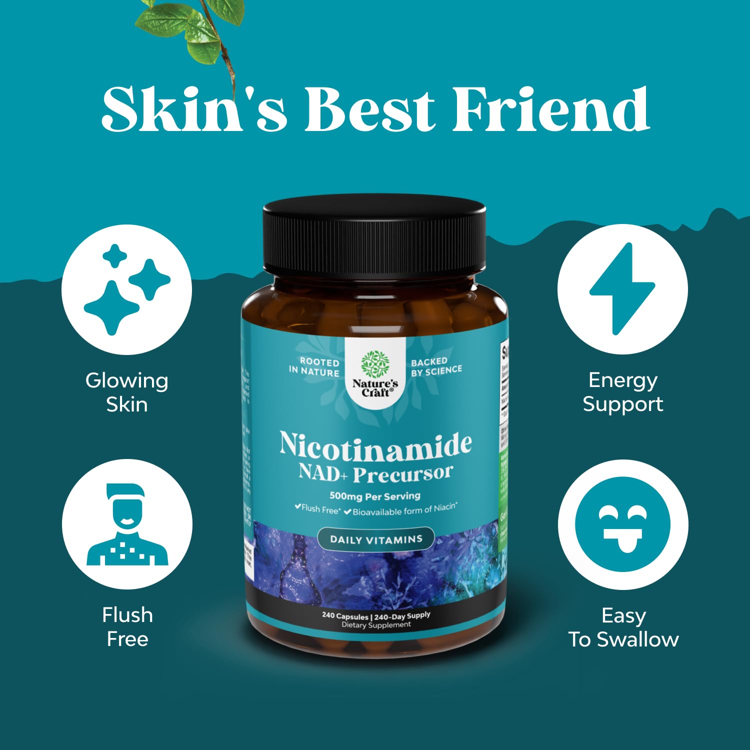 Natures Craft Flush-free Niacinamide bottle label signals easy daily use.