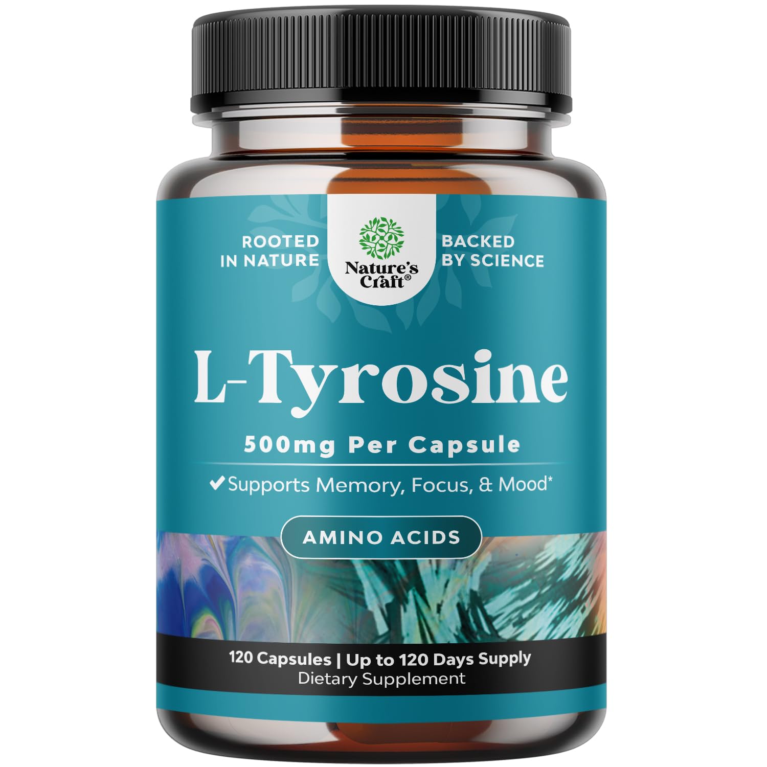 Natures Craft Free Form L Tyrosine 500mg capsules in bottle for daily focus support.