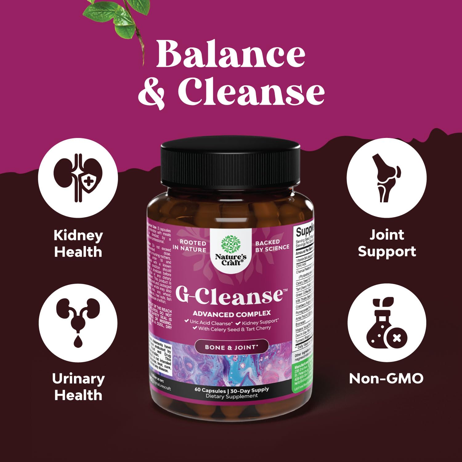 Natures Craft G-Cleanse label showing USA-made, GMP-compliant formula.