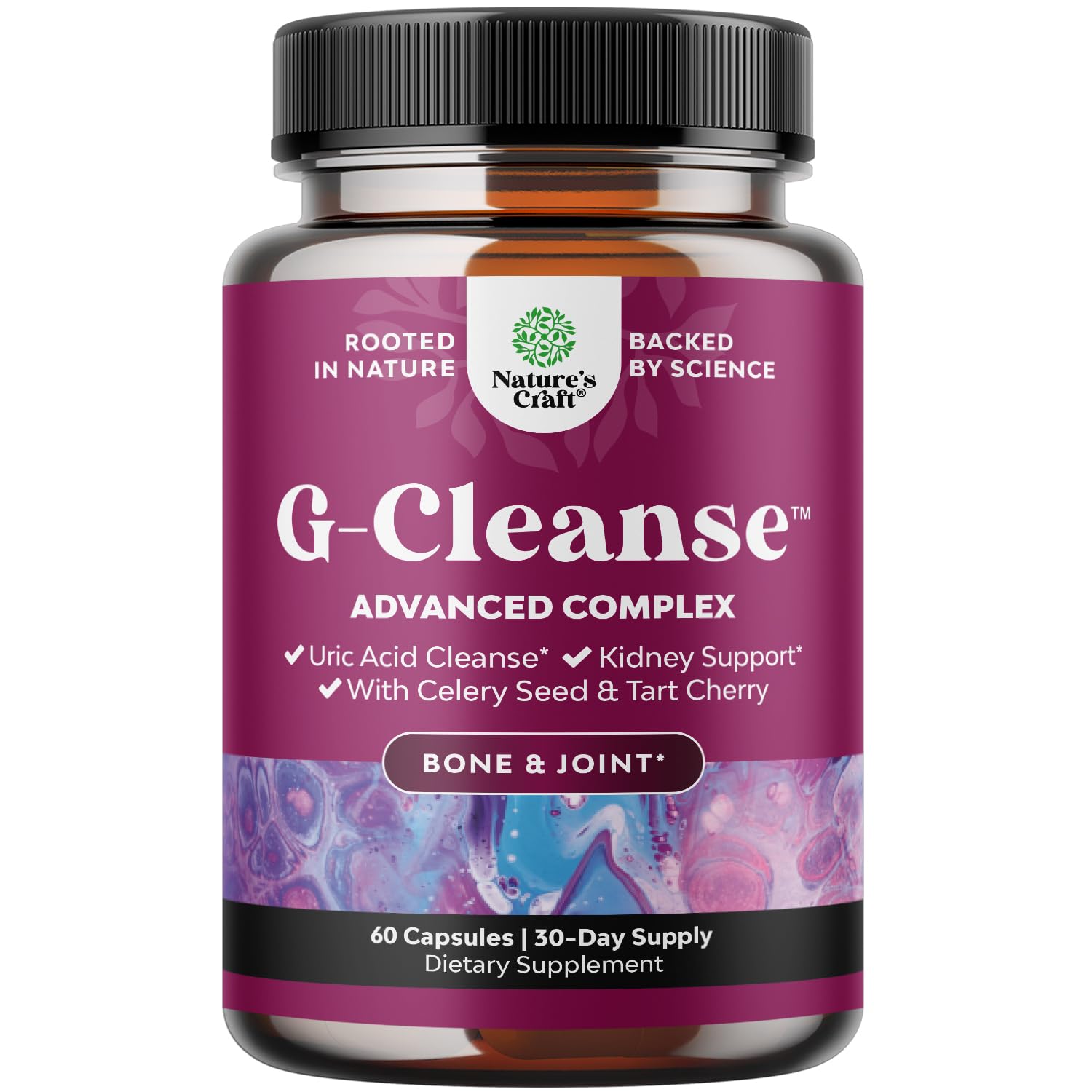 Natures Craft G-Cleanse bottle with capsules for uric acid support.