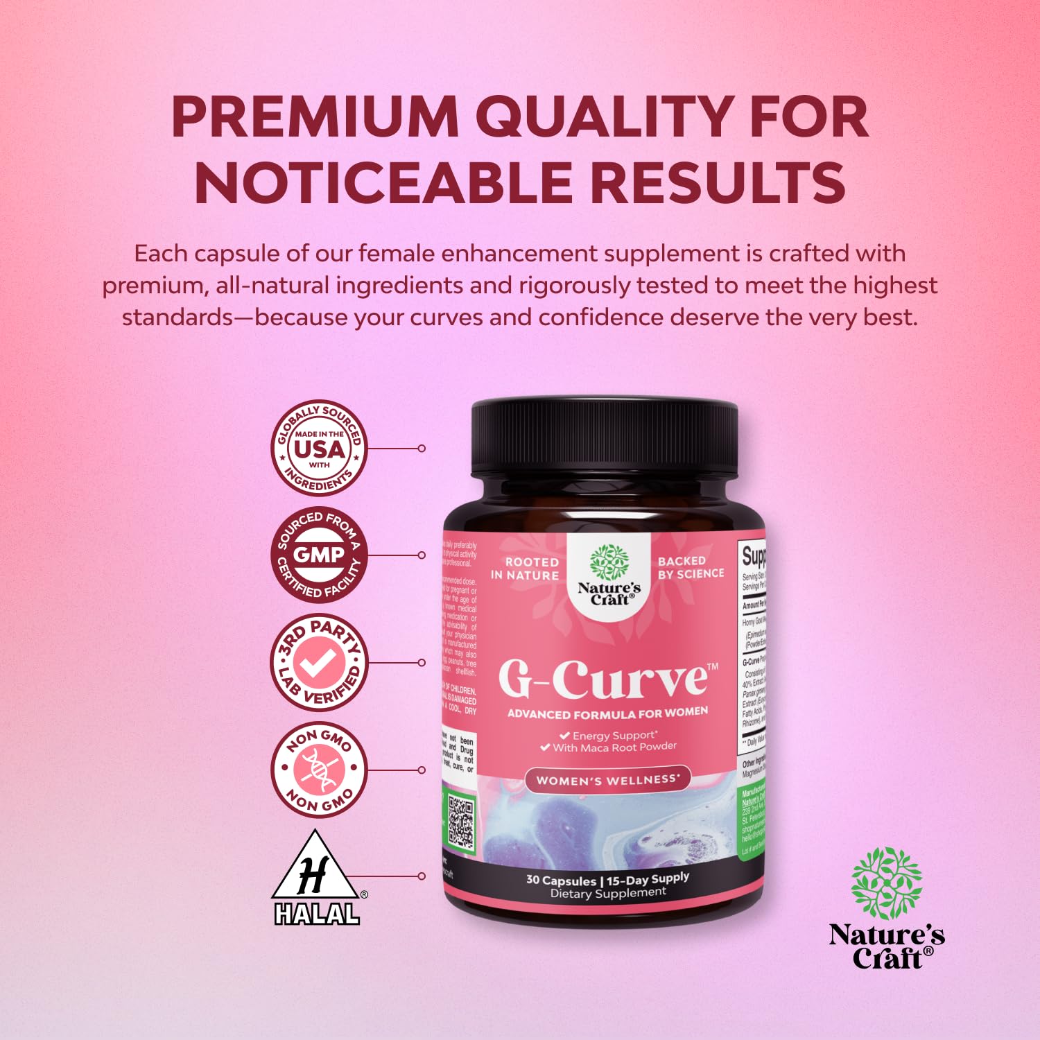 Natures Craft G Curve label detail highlighting maca and tribulus for energy support