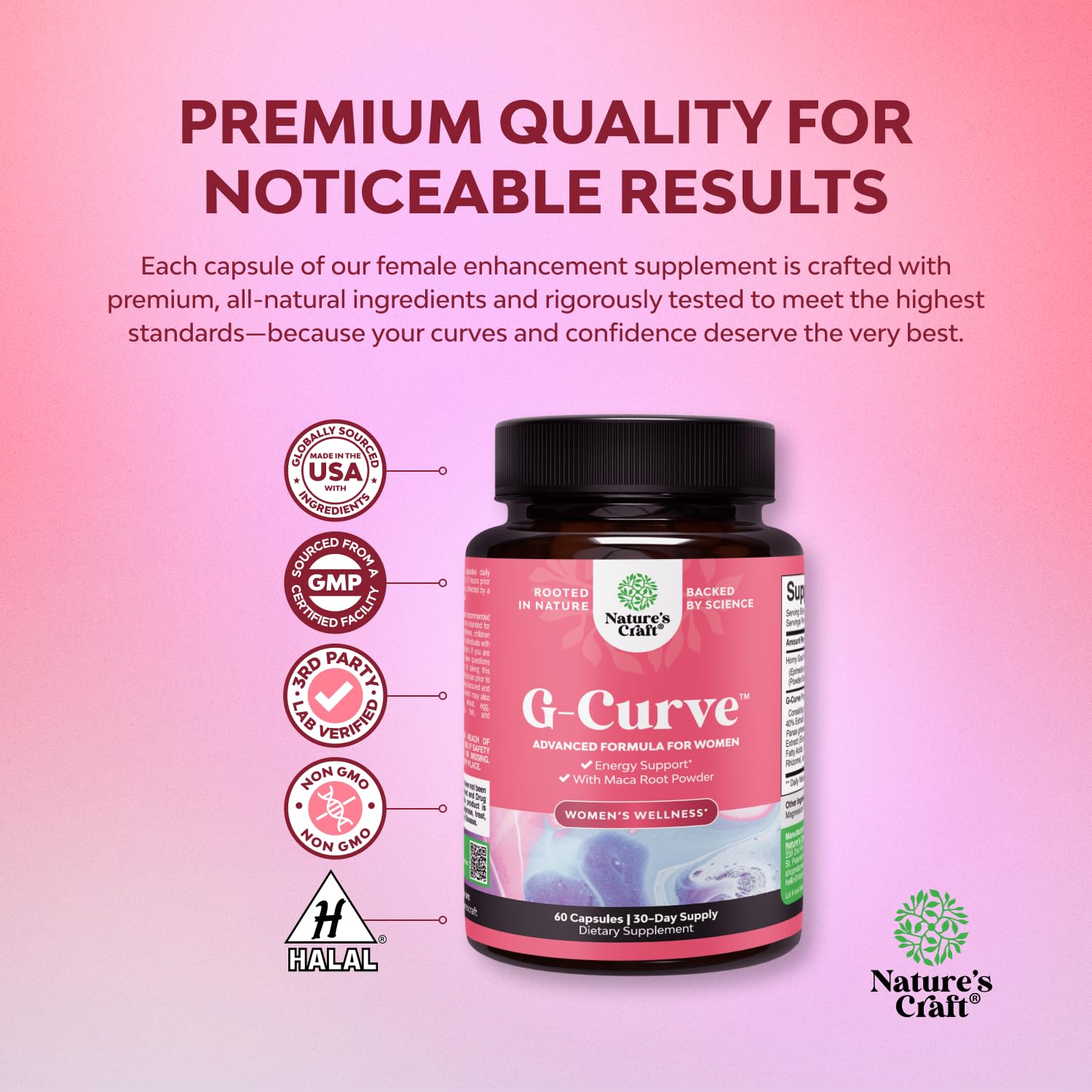 Natures Craft G-Curve packaging box with ingredients and directions
