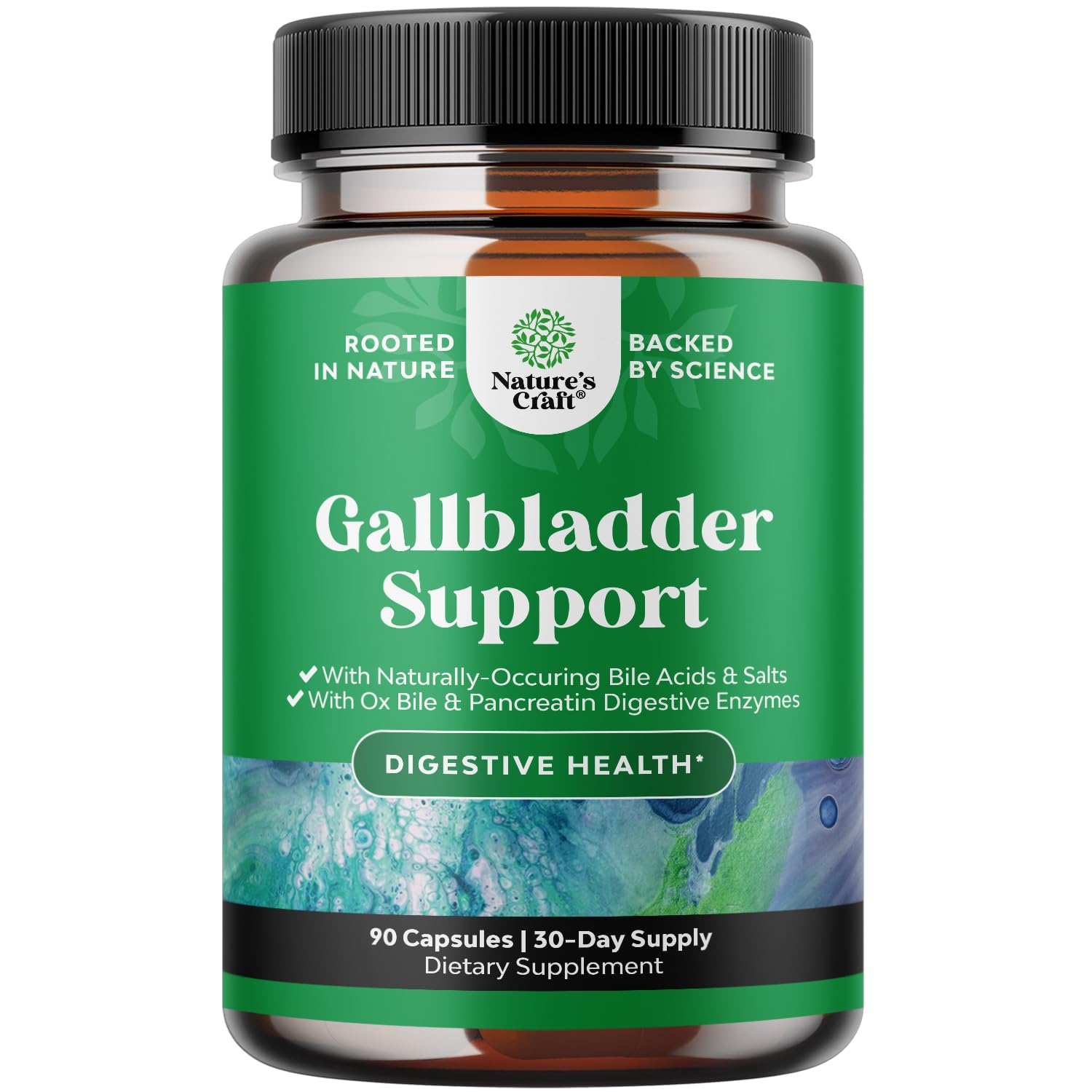 Natures Craft Gallbladder Support bottle image featuring ox bile enzymes for digestion.