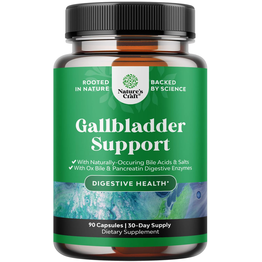 Natures Craft Gallbladder Support bottle image featuring ox bile enzymes for digestion.