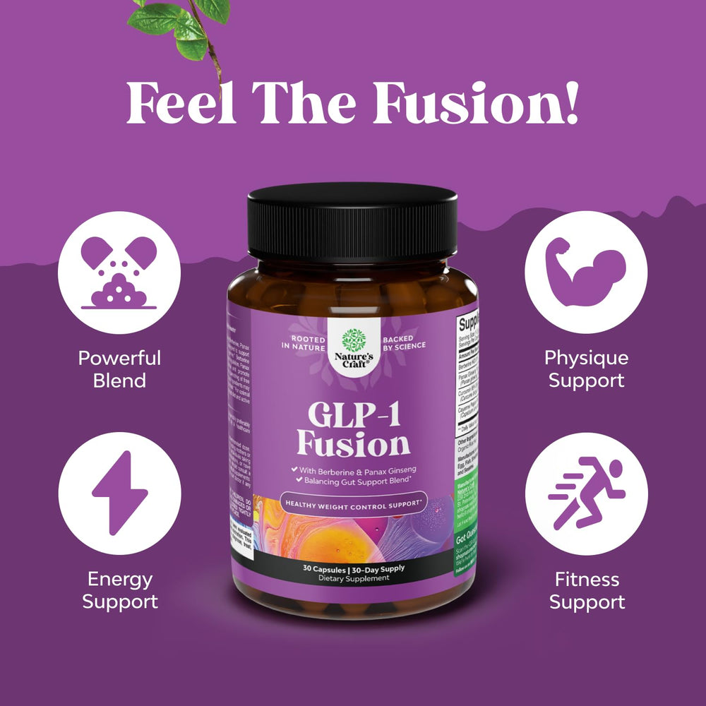 Natures Craft GLP-1 Berberine gluten-free vegan icons highlight dietary compatibility.