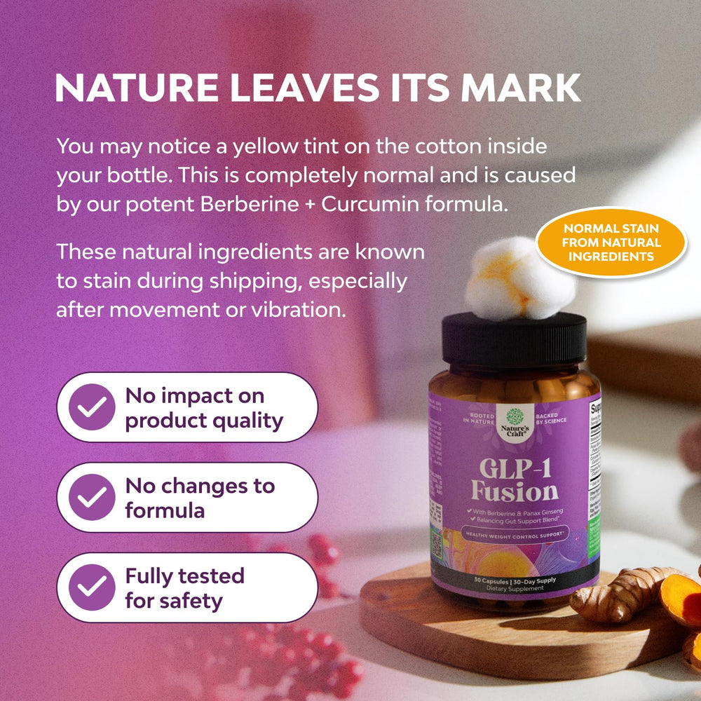 Natures Craft GLP-1 Berberine ingredients label shows Panax Ginseng and Turmeric.