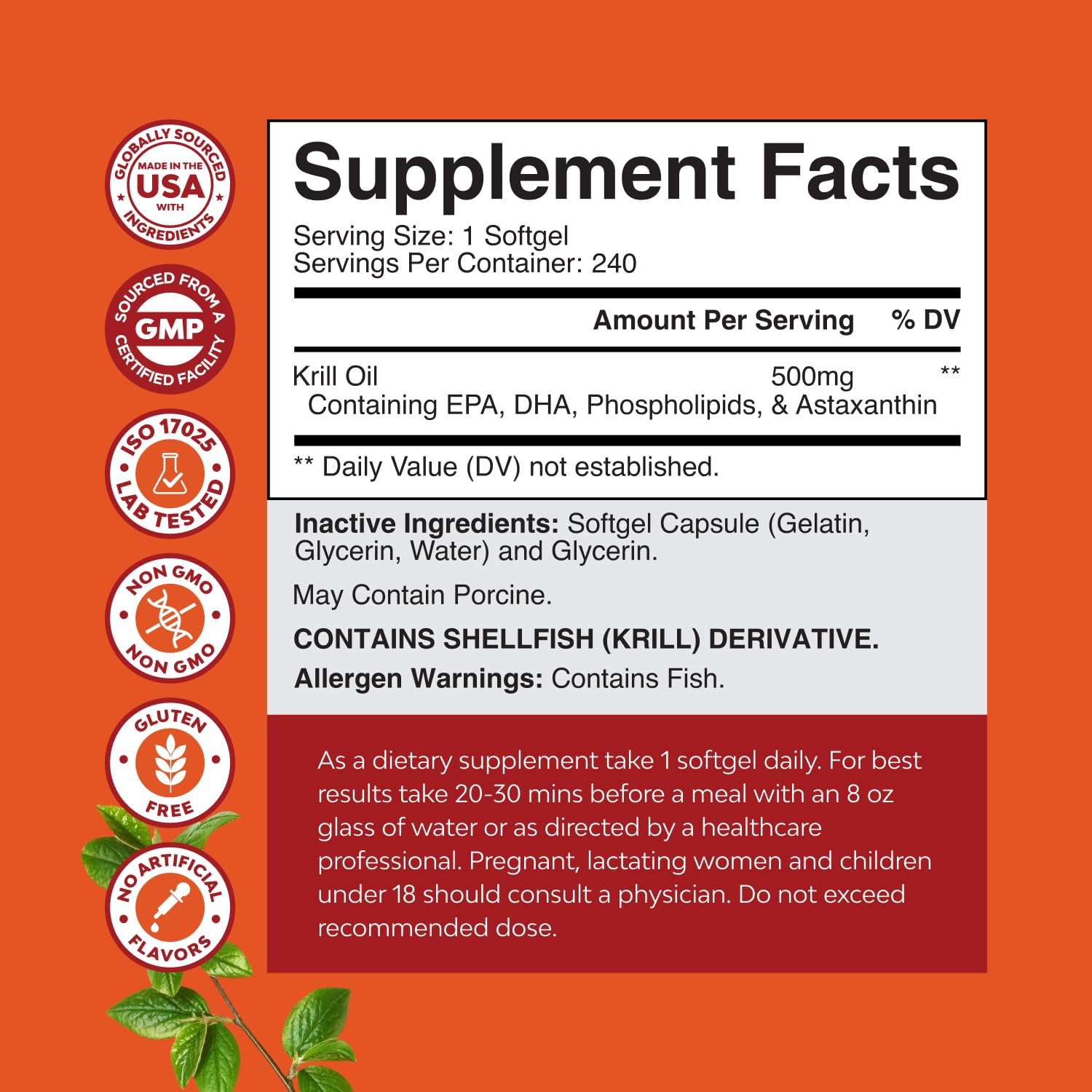 Gluten-free and GMO-free labeling on Natures Craft krill oil bottle