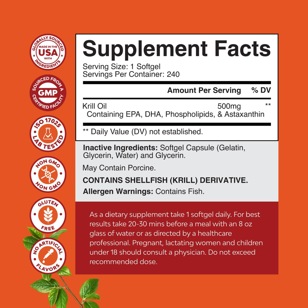 Gluten-free and GMO-free labeling on Natures Craft krill oil bottle