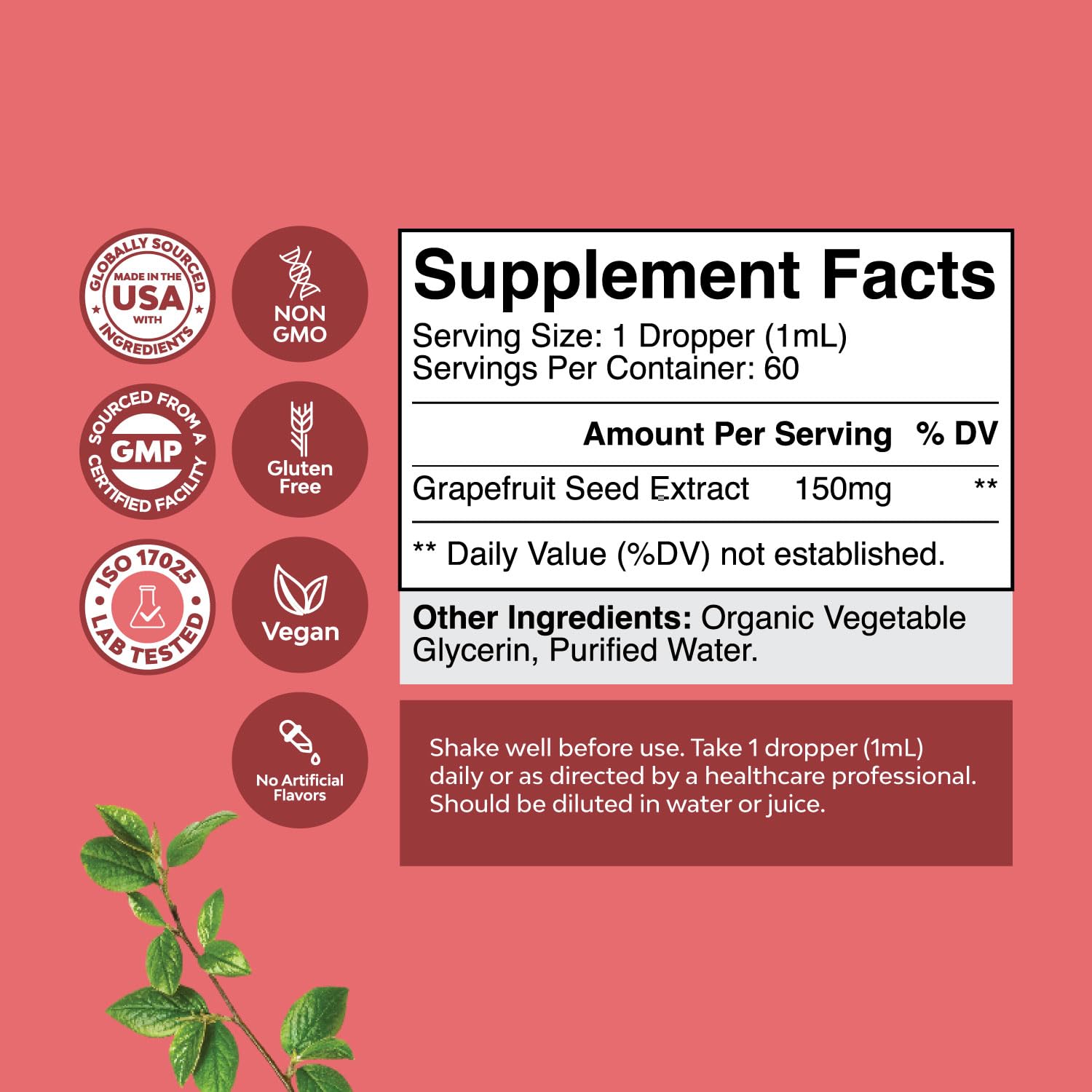 Close-up of Natures Craft GSE grapefruit seed extract label highlighting ingredients.