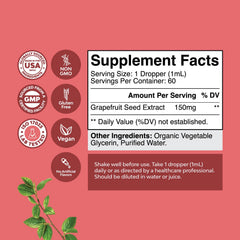 Close-up of Natures Craft GSE grapefruit seed extract label highlighting ingredients.