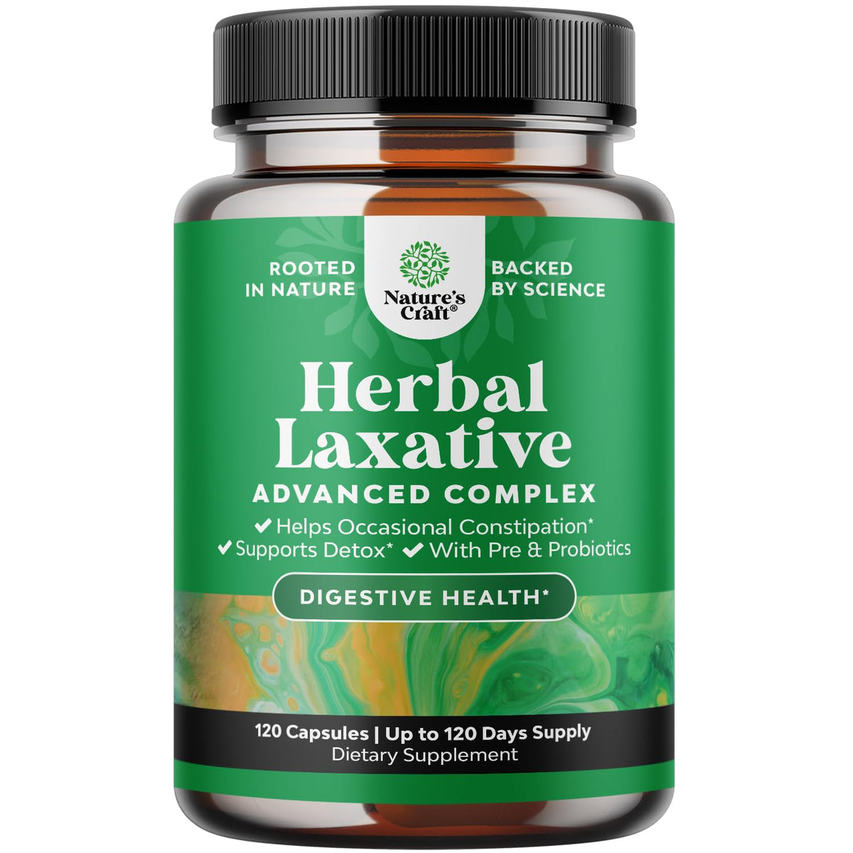 Natures Craft herbal laxative capsules bottle pour for convenient digestive support