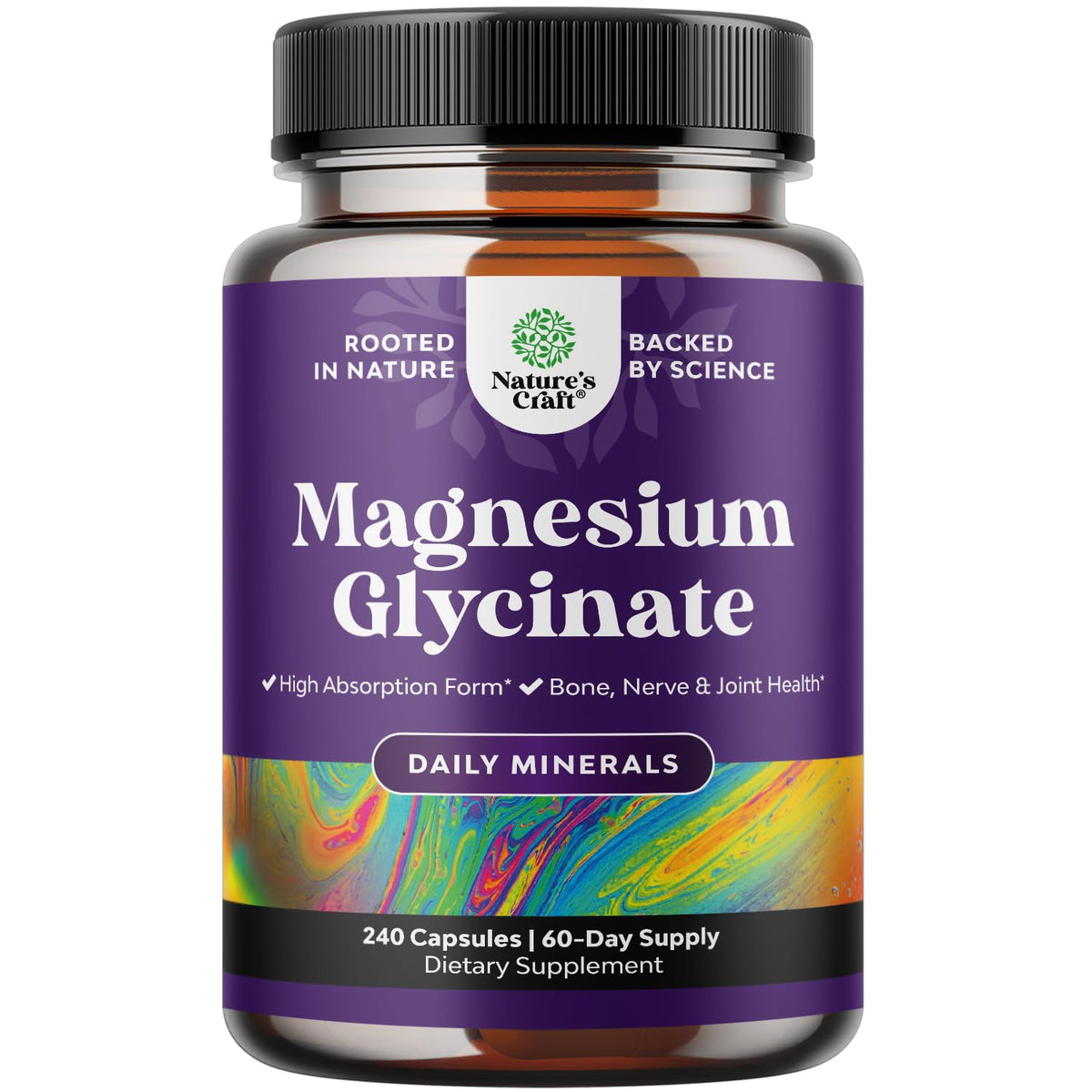 Natures Craft high-absorption magnesium glycinate bottle front view for daily calm.