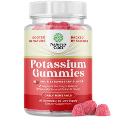 Natures Craft High Potassium Gummies bottle showing strawberry flavor for daily wellness