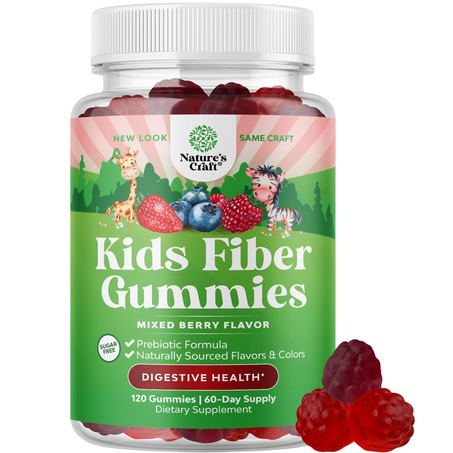 Natures Craft high prebiotic fiber gummies for kids bottle promoting easy daily digestion.