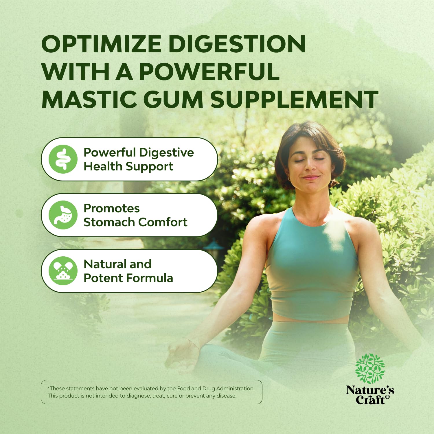 Nature's Craft mastic gum bottle back with usage guidance and quality assurance