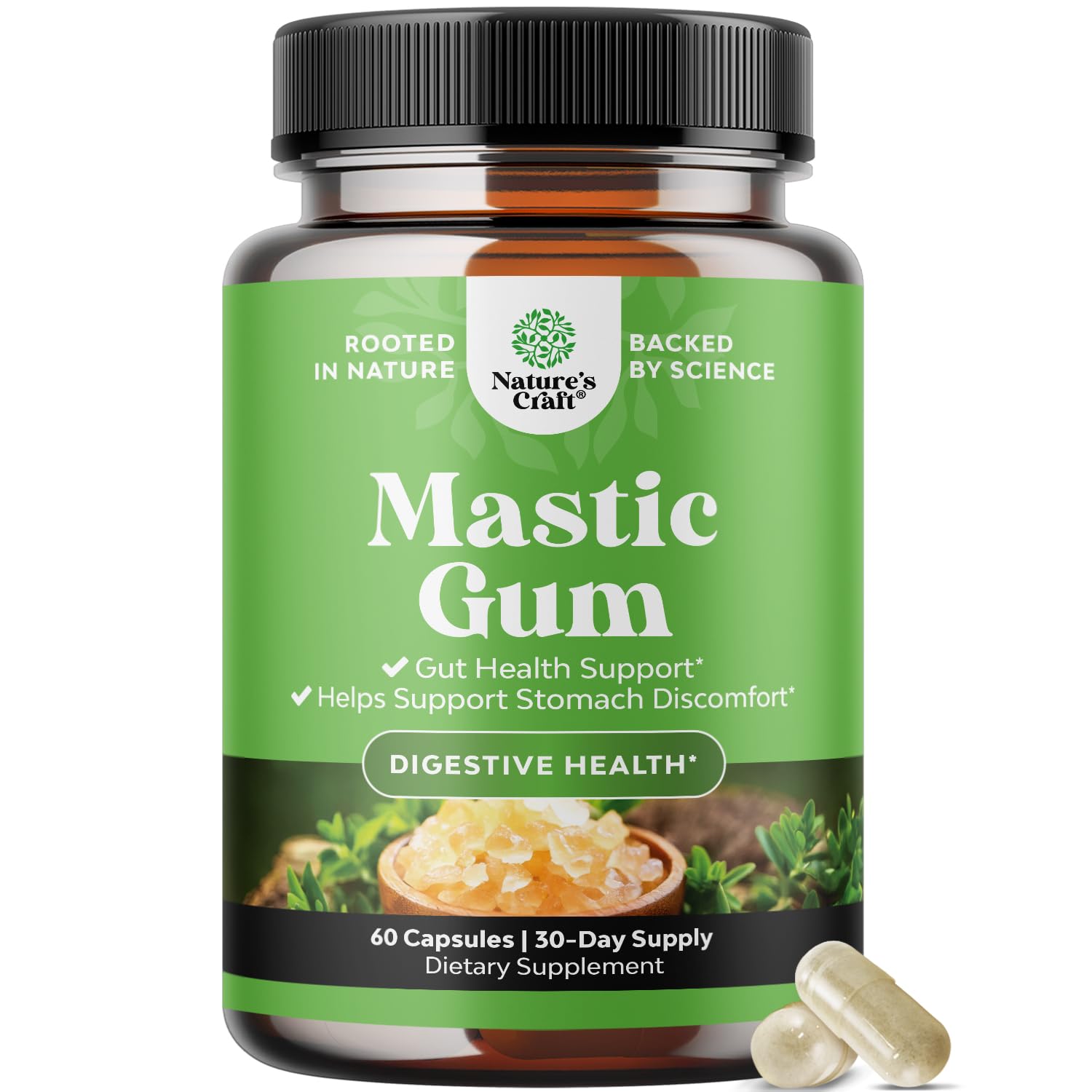 Nature's Craft high-strength mastic gum capsules bottle front for daily digestive comfort