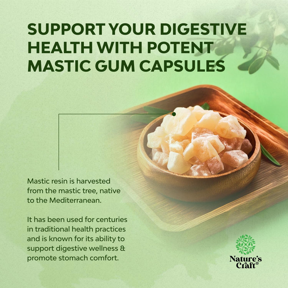Nature's Craft mastic gum capsules closeup highlighting vegan non-GMO formula