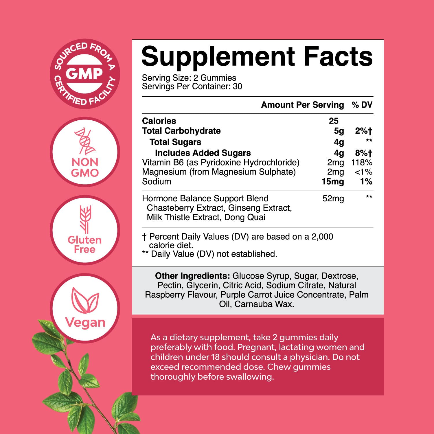 Natures Craft Hormone Balance Gummies label close-up for clear ingredients and vegan nutrition.