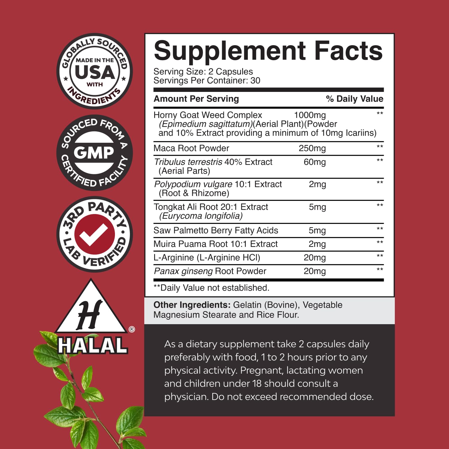 Close-up of Natures Craft Horny Goat Weed capsules for vitality use