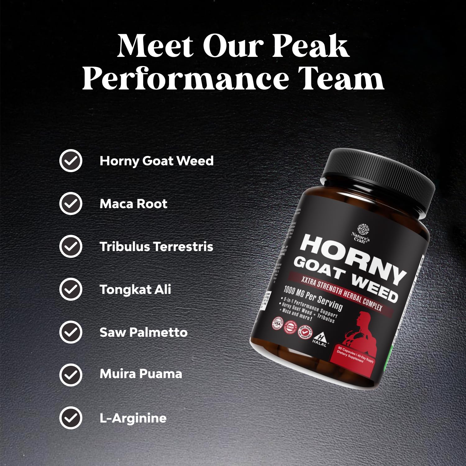 Nature's Craft Horny Goat Weed ingredients panel highlights premium extracts