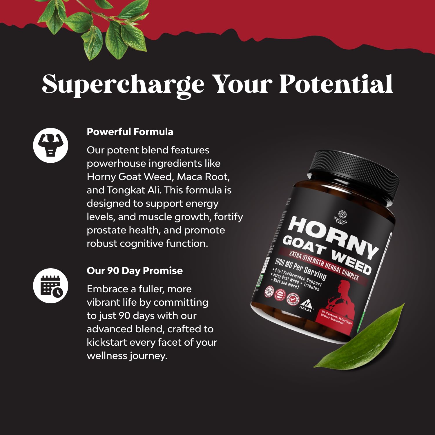 Nature's Craft Horny Goat Weed label front highlights key ingredients and usage