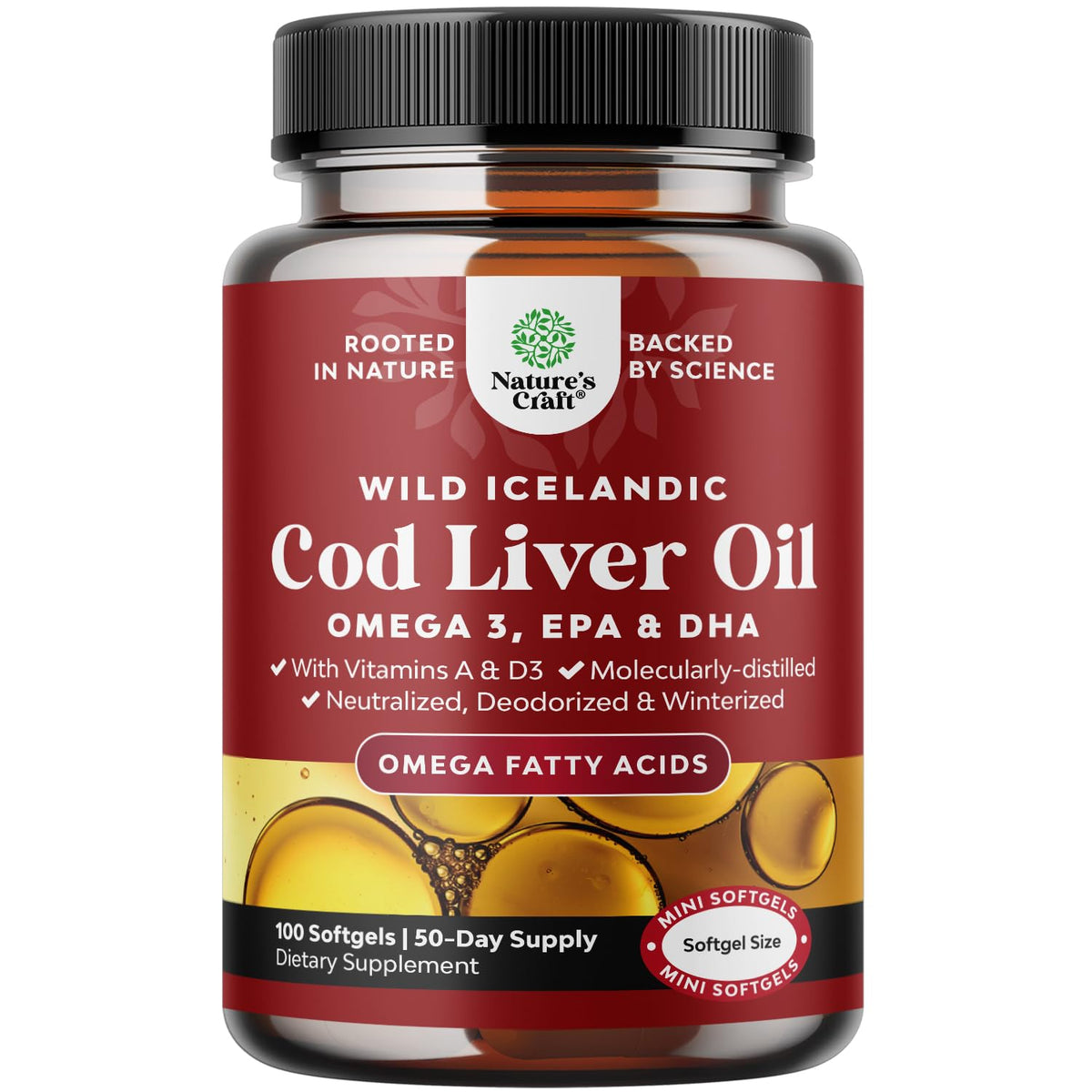 Natures Craft Icelandic cod liver oil bottle with burpless softgels for daily heart support.