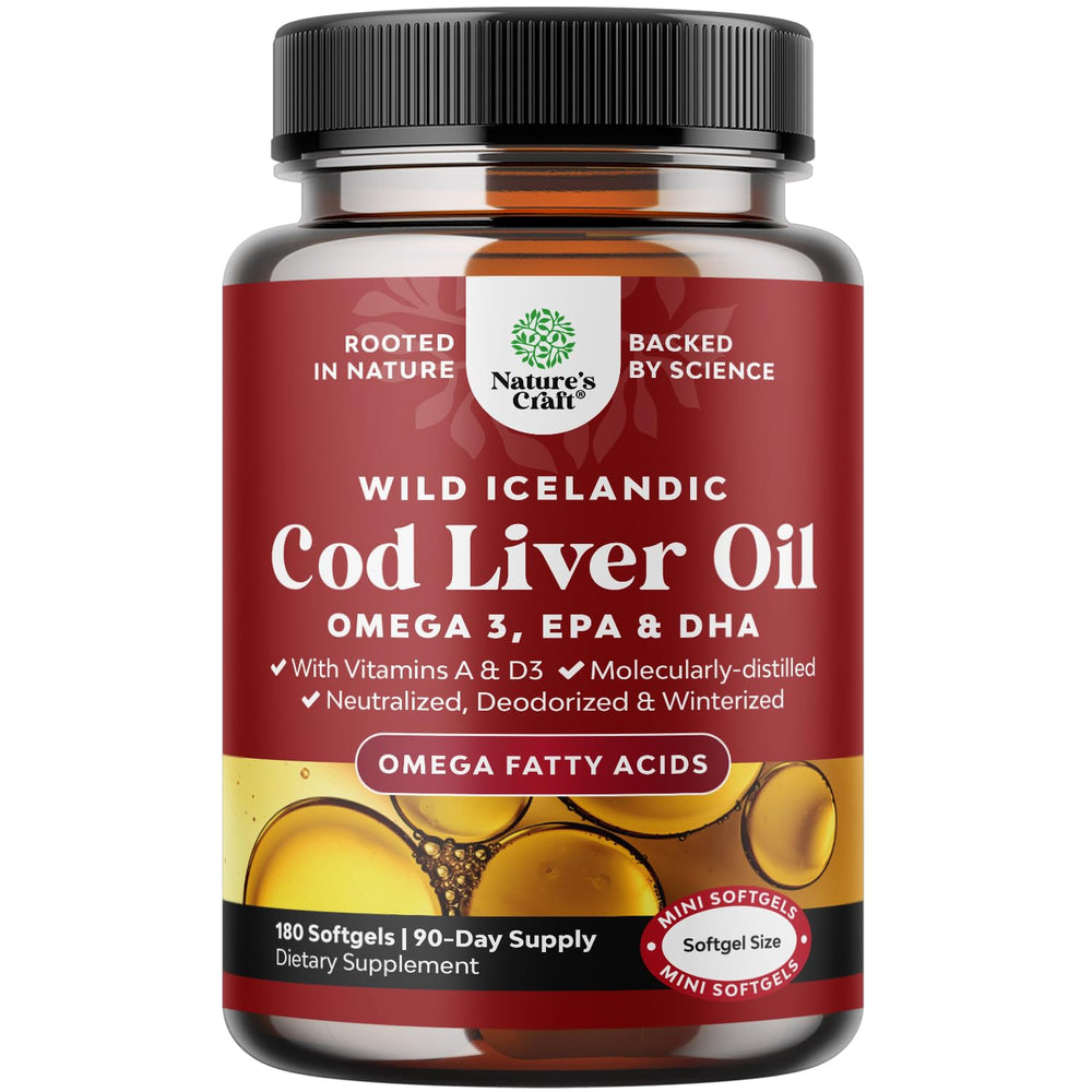 Natures Craft Icelandic cod liver oil softgels bottle supports heart and joint comfort.