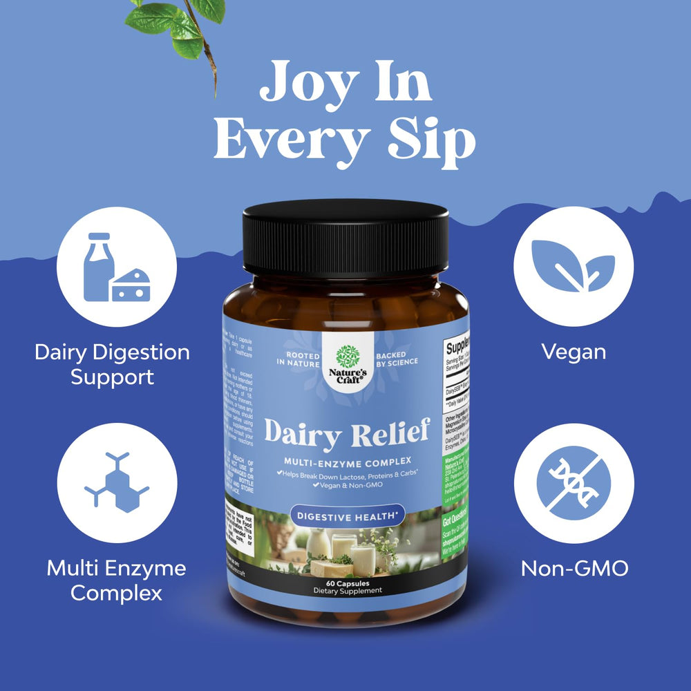 Natures Craft ingredient list visual showcasing lactase and enzymes.