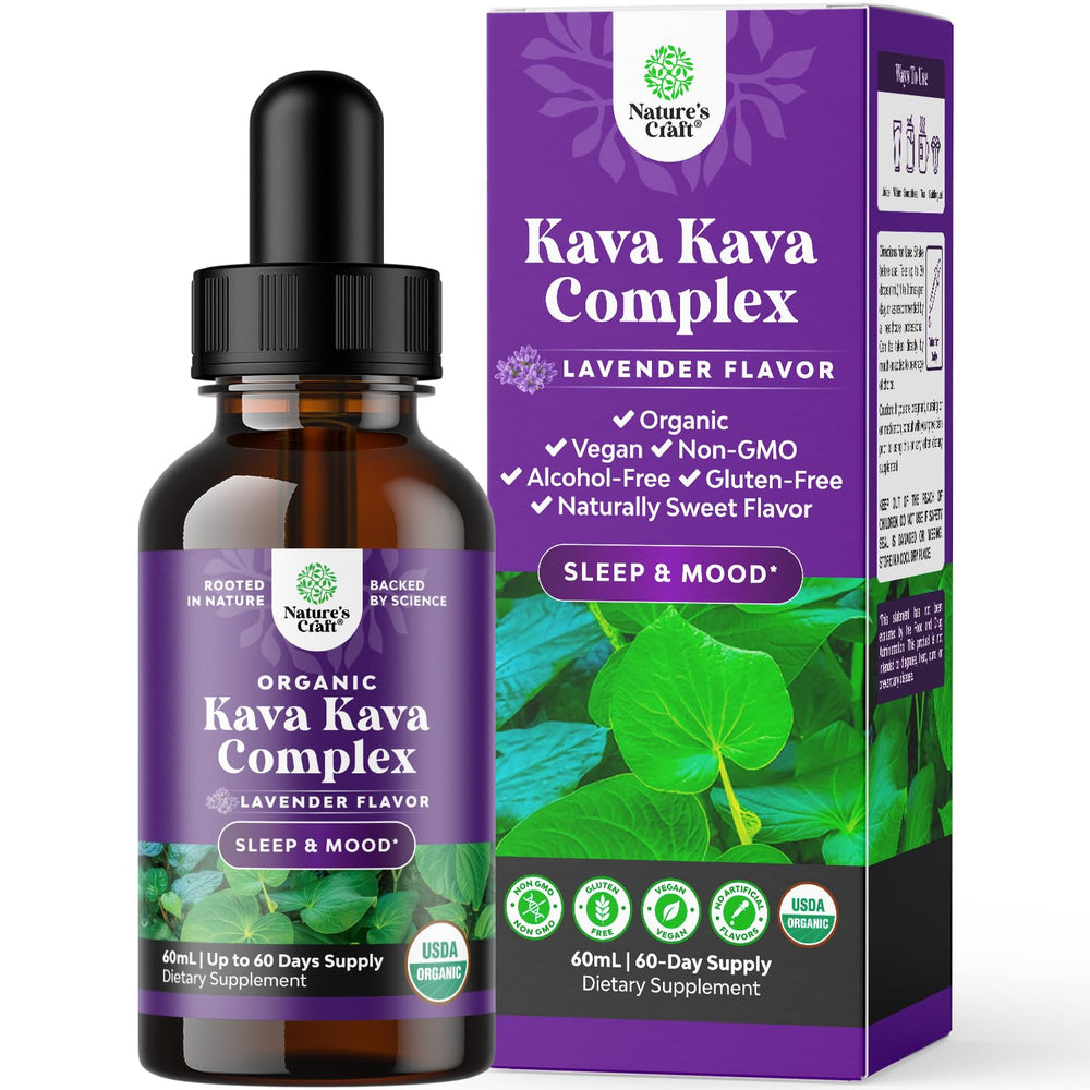 Natures Craft Kava liquid drops bottle with lavender flavor for calm mood support.
