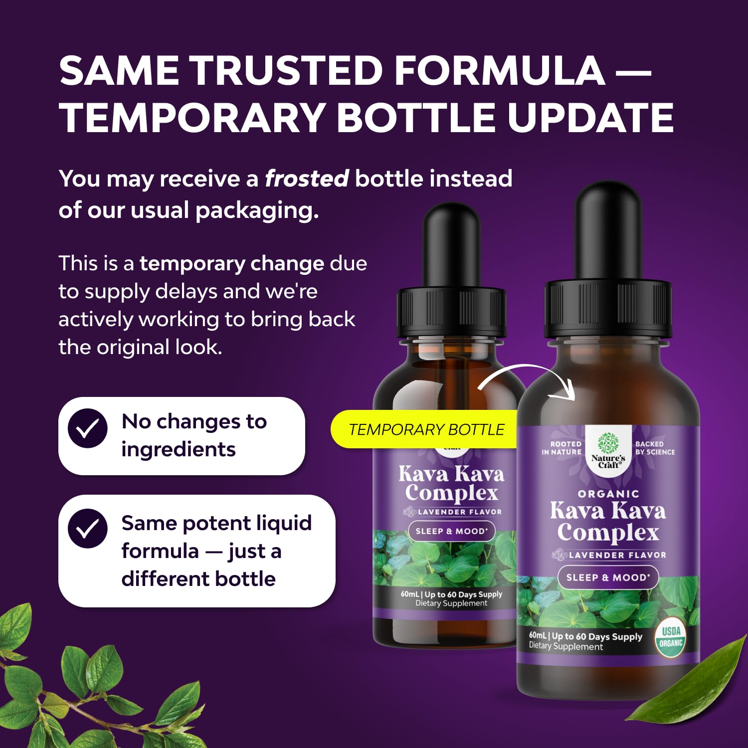 Closeup of Natures Craft Kava liquid drops label highlighting kavalactones and potency.